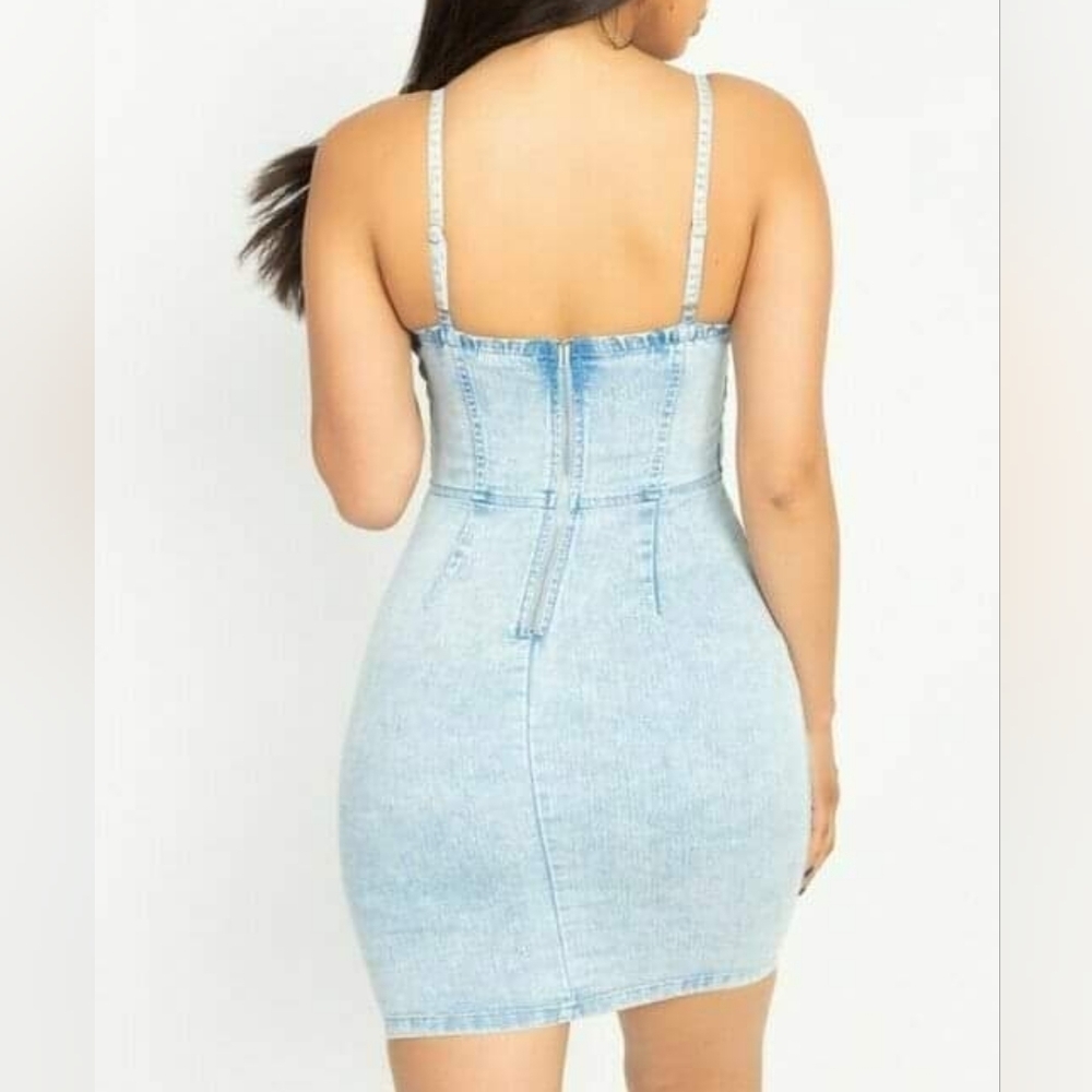 Acid Wash Sweetheart Neckline Denim Bustier Mini Dress with Stretch - Picture 2 of 12